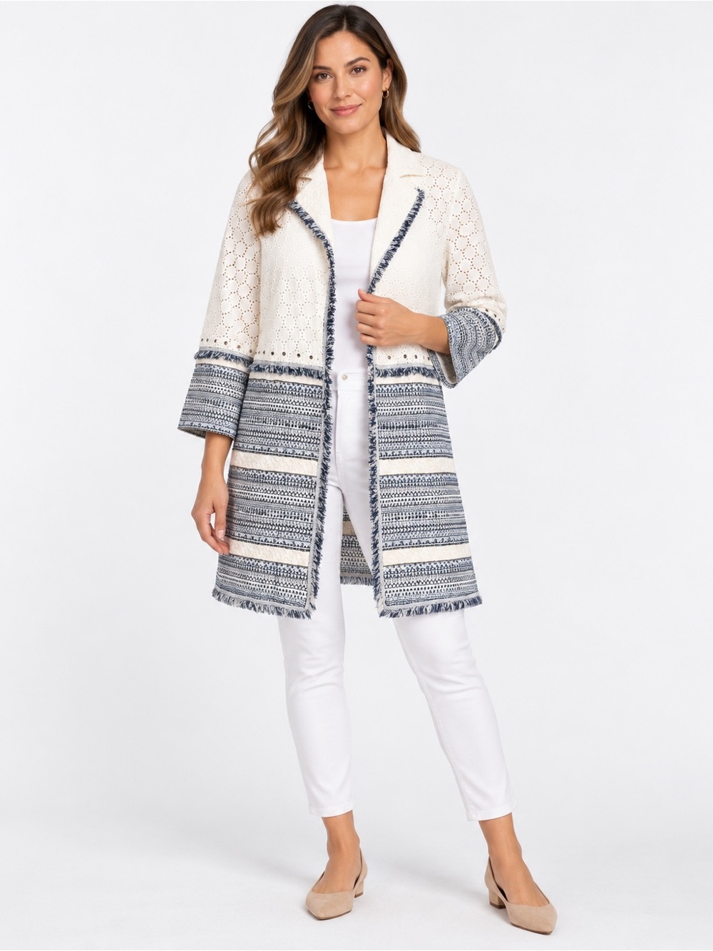 Chico’s White Blue Eyelet Embroidered Fringe Long Jacket Coat Size 1P 8/10P